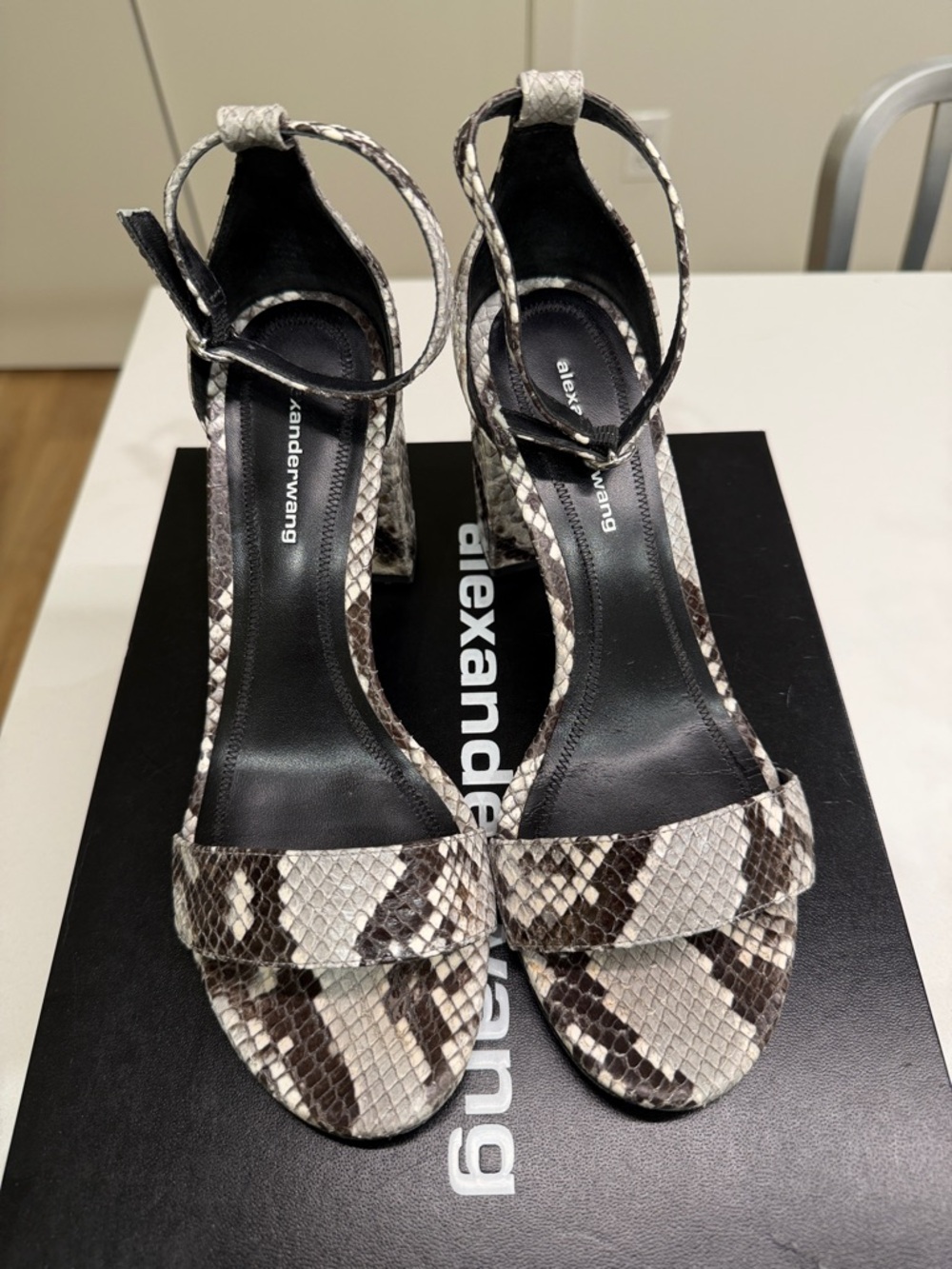 Alexander Wang Snakeskin Abby Leather Block Heel Snake Print Sandal Sz 7.5 + Box